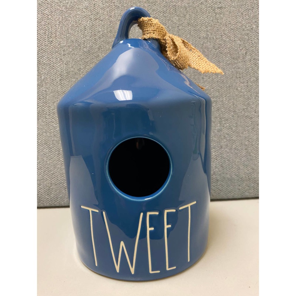 Rae Dunn Artisan Collection TWEET round bird house blue white writing. TWEET
